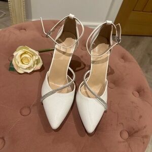 White Barn White Pointed-Toe Ankle-Strap Heels with Silver Sparkle Strap